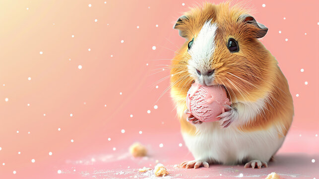 A cute guinea pig eating a scoop of strawberry ice cream. The background is a soft pink color with white polka dots.