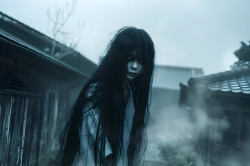 Fototapeta premium Enigmatic Yurei Ghost Drifting Through the Mist of a Dilapidated Heian-Era Village at Dusk
