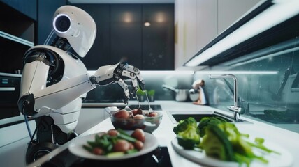 robotic chef preparing a meal in a contemporary kitchen, using advanced cooking techniques