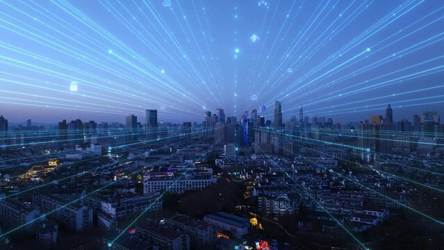 smart Connected city skyline. Futuristic network concept, city Technology