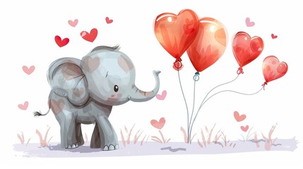cartoon elephant holding love balloons 