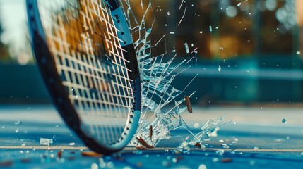 Player breaking a tennis racket on the court, focus on the shattered racket pieces, raw emotion captured