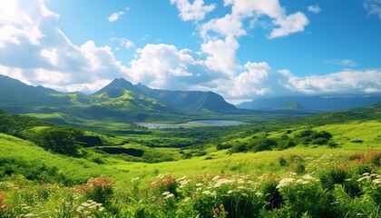 Fototapeta premium A stunning spring day landscaping views of fertile land surrounded beautiful green vegetation, wide stretches of hills and mountains with clear skies in spring