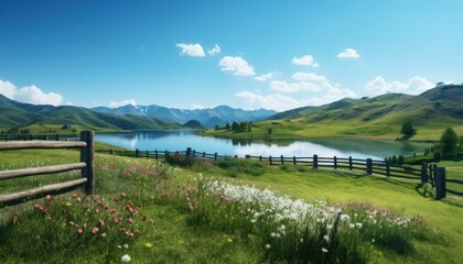 Fototapeta premium A stunning spring day landscaping views of fertile land surrounded beautiful green vegetation, wide stretches of hills and mountains with clear skies in spring