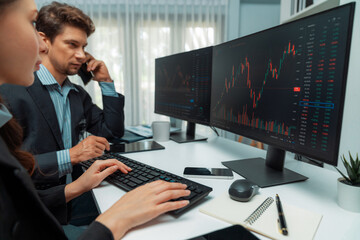 A man broker calling trader businessman to inform high profit point of stock exchange in digital...