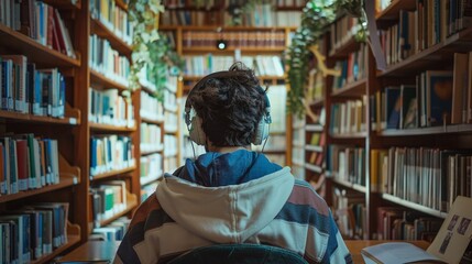 Person with blindness wearing earphones, utilizing voice technology for accessibility, seated at a desk in a creative and resourceful library