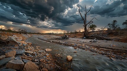Parched riverbed, scattered debris, twisted trees, threatening storm clouds, dramatic and eerie setting