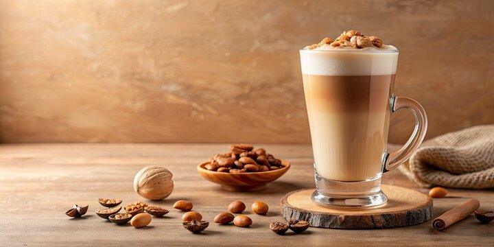 Elegant Latte in a Glass Mug with Fresh Nuts and Coffee Beans