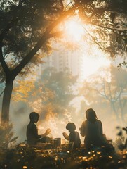 family picnic close up, focus on, copy space bright cheerful tones, double exposure silhouette with park