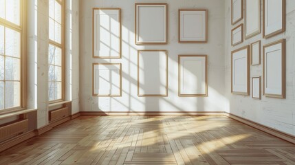 Multiple blank frames on a wooden floor, arranged in a gallery style, diverse sizes, natural sunlight streaming in