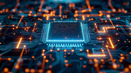 Obraz premium Glowing Blue Circuit Board and Central Microchip - Cinematic Digital Technology Concept in Style