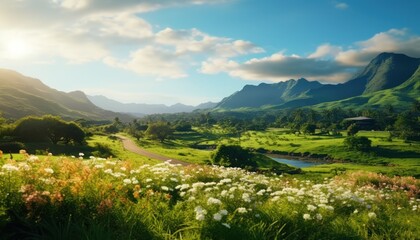 A stunning spring day landscaping views of fertile land surrounded beautiful green vegetation, wide stretches of hills and mountains with clear skies in spring