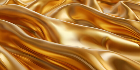Gold satin fabric with folds and folds. Gold luxury fabric background.
