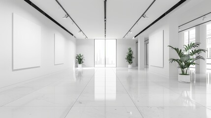 Minimalist white gallery interior, large blank walls, even studio lighting, ideal for advertising displays