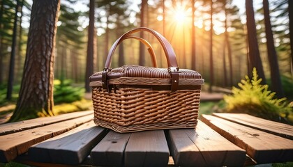 basket on a table a dark wooden table a wicker basket packed for a camping trip bathed in the golden rays of a sunny holiday afternoon