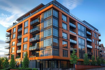 Fototapeta premium The Exterior of a Modern Apartment Building Showcasing Contemporary Architectural Design and Sleek Urban Aesthetics