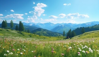 A stunning spring day landscaping views of fertile land surrounded beautiful green vegetation, wide stretches of hills and mountains with clear skies in spring