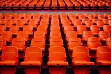 Naklejka premium Seats of orange tribune on sport stadium. empty outdoor arena. concept of fans. chairs for audience