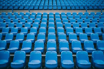 Fototapeta premium Seats of blue tribune on sport stadium. empty outdoor arena. concept of fans. chairs for audience