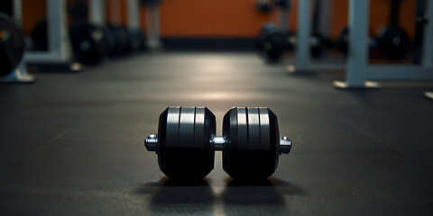 dumbbells on the floor in concept fitness room with training equipment in the back Heavy weight...