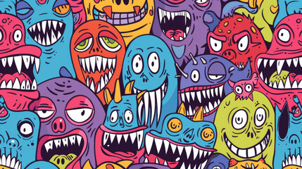 Whimsical Monster Doodle Pattern with Colorful Smiling Characters
