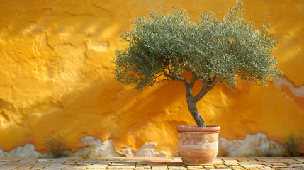 olive tree in ceramic vase in front of beige wall