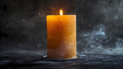 A slender candle with a textured beige wax, standing proudly on a matte black background, its flame...