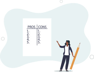 thoughtful businesswoman listing business pros and cons to consider benefits.flat vector illustration.