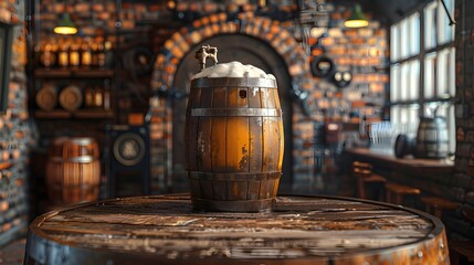 Naklejka premium Traditional European Beer Keg with Polished Metal Surface and Dispensed Foam in Rustic Brick-Walled Cellar