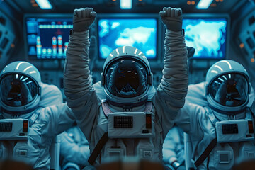 Triumphant Space Engineers Celebrate Successful Rocket Launch in Control Room