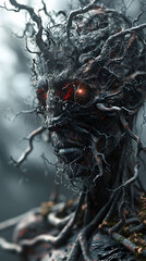 Unsettling Humanoid Plant Creature with Decaying Visage and Twisted Branches Shrouded in Inky Darkness