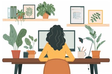 Fototapeta premium A woman sits at a desk with a computer and a potted plant in front of her