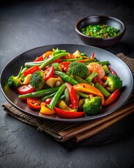 Stir-Fried Vegetables with Rice on a Black Plate