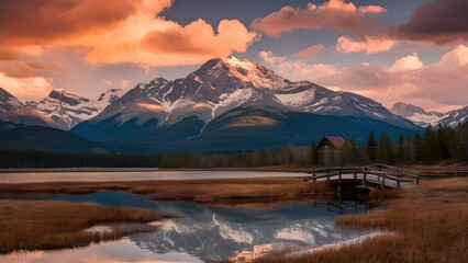 A stunningly realistic landscape poster showcasing a majestic mountain range, lush green valleys, and a shimmering lake