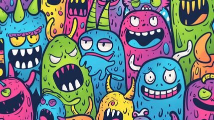 Whimsical Monster Doodle Pattern with Colorful Smiling Characters
