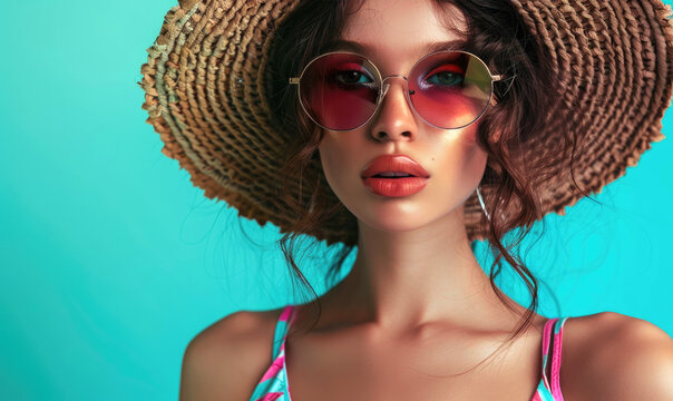 Young beautiful woman portrait wearing a hat and sunglasses on color background, summer vacation concept