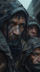 Fototapeta premium Weathered Faces and Tattered Clothing: A Melancholic Depiction of Homelessness and the Struggle for Survival in an Urban Underpass