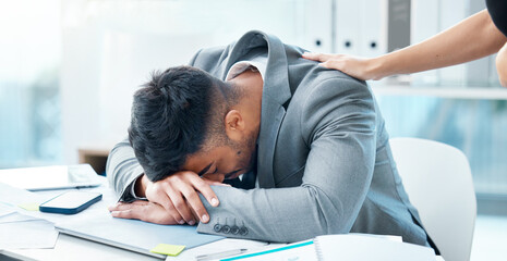 Burnout, depression and stress with business man at desk in office for deadline, fail or mistake....
