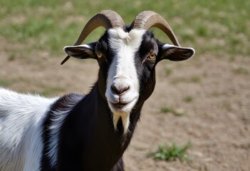 there is a goat with large horns standing in a field