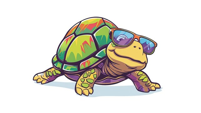 Cartoon colorful turtle with sunglasses on white background
