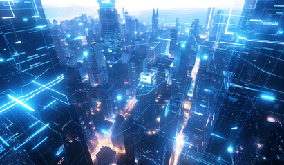 3D rendering of the cityscape illuminated by glowing digital connections, representing advanced technology and smart urbanism in an overthetop style. The background is a dark blue sky with neon light 