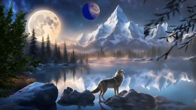 wolves howling in the lake by moonlight