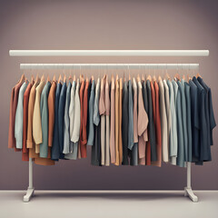 various clothes and shoes hanging in neat rows, in the shop, photographed from the front