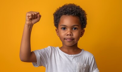 Kid fist upward on yellow background. african american black afro child raise hand.