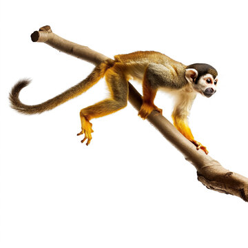 24 - Depict a squirrel monkey leaping from branch to branch with agility, against a white background.