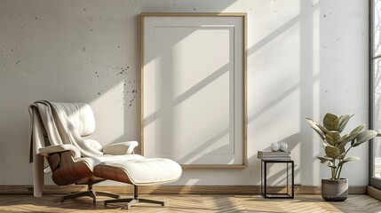Large blank frame on a wooden floor, next to a modern chair, clean Scandinavian design, soft natural tones