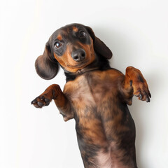 39 - Create an image of a dachshund lying on its back, paws in the air, looking playful, on a pristine white backdrop.