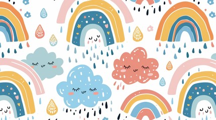Fototapeta premium Kids' seamless sky pattern, colorful rainbows arching across, cute rain drops falling, light and airy design