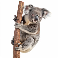Fototapeta premium 5 - Show a koala bear clinging to a eucalyptus branch, looking straight ahead, with a white background.