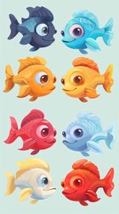 Fototapeta premium Cartoon baby fish set, vector illustration of a fish 